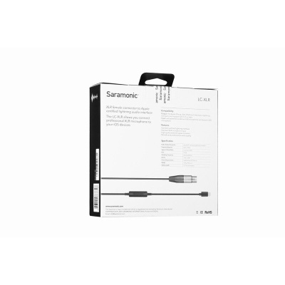 Caixa do adaptador de áudio Saramonic LC-XLR com informações técnicas