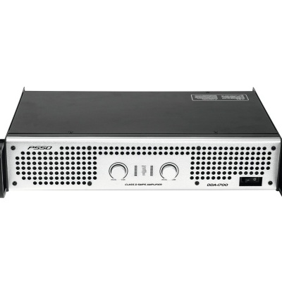 Amplificador de potência áudio PS60 com painel frontal em metal prateado, botões e ventilação