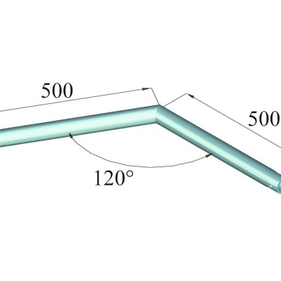 Peça metálica tubular com dois segmentos ligados por ângulo de 120 graus