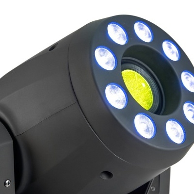 Luz LED profissional preta com doze LEDs brancos em círculo e LED amarelo no centro