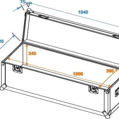 Desenho técnico de um baú com dimensões e tampa aberta
