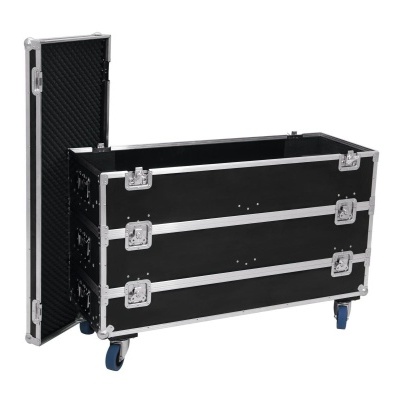 Caixa de transporte preta reforçada, aberta com interior de espuma, em rodas azuis