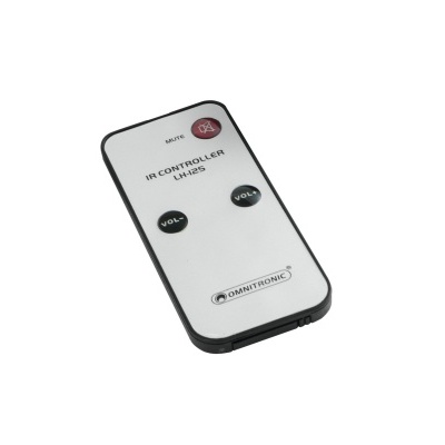 Comando remoto IR branco e preto com botões e etiquetas textuais