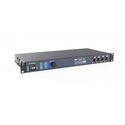 Equipamento electrónico azul escuro para rack com botões e conectores XLR