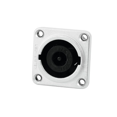 Conector quadrado branco com encaixe circular preto e quatro furos de fixação