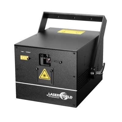 Aparelho laser preto com alça e etiquetas amarelas