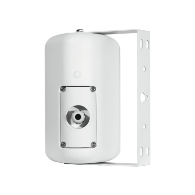 Sensor ou dispositivo branco cilíndrico montado numa base metálica com orifícios