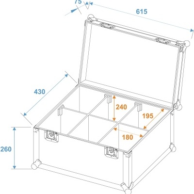 Caixa organizadora branca com esquema de dimensões e divisórias internas