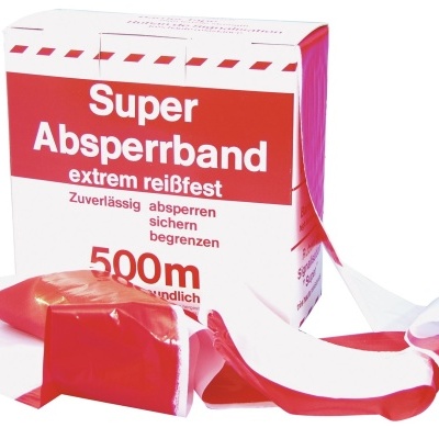 Embalagem branca e vermelha do produto Super Absperrband com uma fita vermelha e branca desenrolada