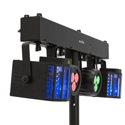 Equipamento de iluminação preta com LEDs azuis, verdes e vermelhos montado em suporte