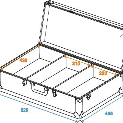 Mala de transporte com compartimentos e dimensões visíveis