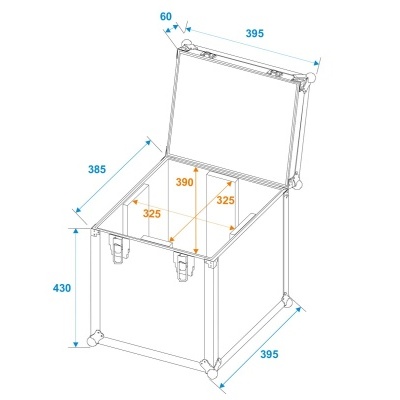 Caixa metálica branca com tampa aberta e medidas técnicas