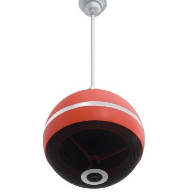 Candeeiro de teto redondo vermelho-laranja com detalhes brancos e grelha negra