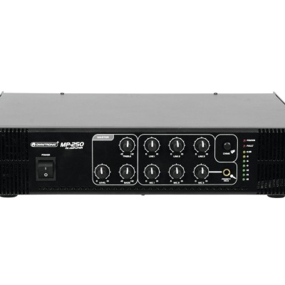 Amplificador profissional preto com botões e indicador LED.