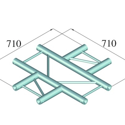 estrutura metálica em aço prateado com tubos cilíndricos e suportes triangulares com dimensões 710x710mm