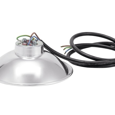 Refletor metálico prateado com cabo preto e fios expostos