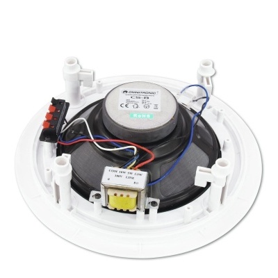 Altifalante redondo branco para teto com componentes elétricos visíveis