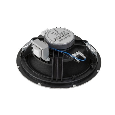 Coluna de som redonda preta vista de trás com cabo azul