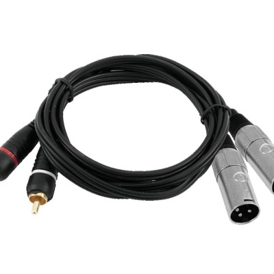 Cabo adaptador XLR para RCA com pontas metálicas prateadas e douradas