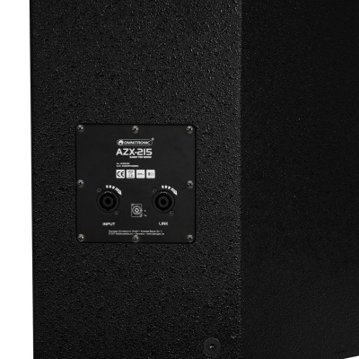 Coluna áudio preta com painel traseiro com conectores e etiqueta AZX215