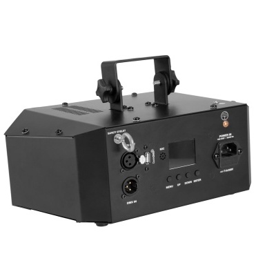 Máquina de efeitos de luz preta com alça, botões e conectores sobre fundo branco