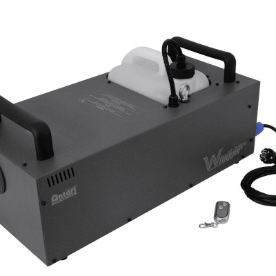 Máquina de fumos preta retangular com alças e depósito branco