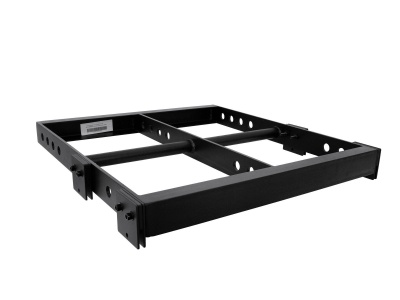 Estrutura metálica preta para suporte com perfurações e barras transversais