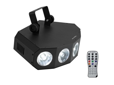 Dispositivo de luz LED preto com três lentes e comando remoto