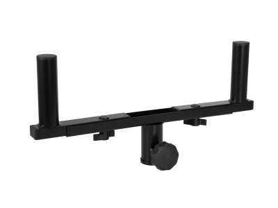 Suporte horizontal metálico preto com dois tubos verticais e botão de ajuste