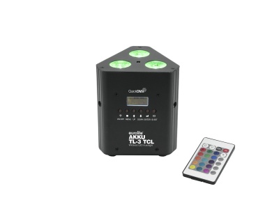 Dispositivo de iluminação triangular preto com luzes LED verdes e controlo remoto colorido