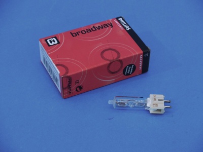 Lâmpada halógena Philips com embalagem vermelha sobre fundo azul.