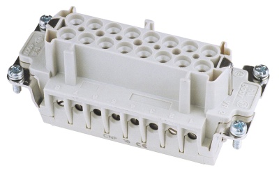 Conector elétrico retangular cinza com parafusos e orifícios para pinos