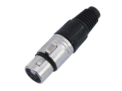 Conector XLR de áudio prateado e preto com 3 pinos.