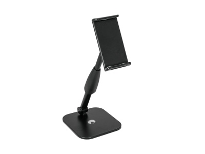 Suporte preto para telemóvel com base quadrada e braço articulado em fundo branco