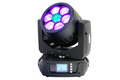 Aparelho de iluminação profissional tipo moving head com luzes LED roxas e turquesa