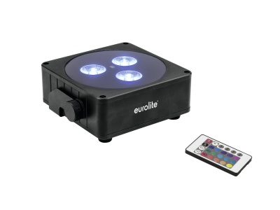 Projetor de luz LED preto quadrado eurolite com três LEDs e controlo remoto