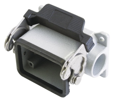 Conector industrial retangular cinza com fecho metálico e tampa preta