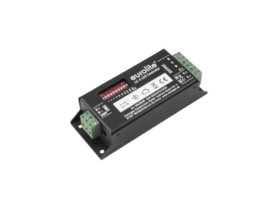 Interface eletrónica preta Eurolite LSL-140 DMX com conectores verdes e interruptores vermelhos.