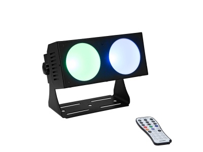 Projetor de luz LED com duas lentes, suporte preto e comando remoto