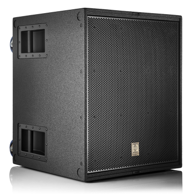 Coluna de som preta tipo subwoofer com grelha metálica perfurada.