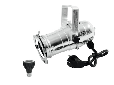 Refletor de luz prateado com cabo e peça preta sobre fundo branco