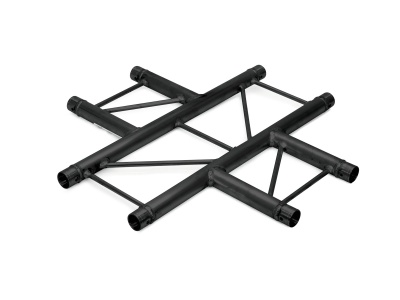 Estrutura modular metálica preta com tubos cilíndricos e cruzetas diagonais