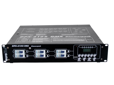 Equipamento Eurotronic DPX-610S DMX preto com disjuntores e botões no painel frontal