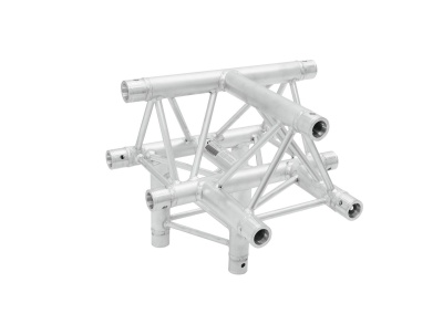 Estrutura metálica de alumínio prateada em forma de T com reforços triangulares