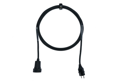 Cabo elétrico preto com ficha de dois pinos e conector feminino enrolado