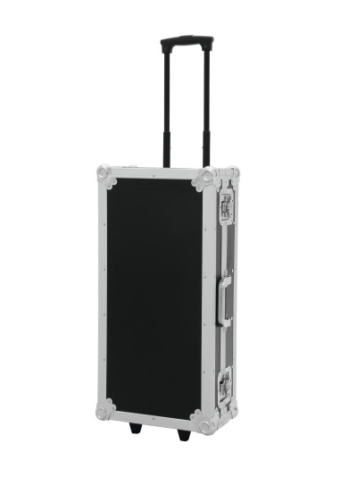 Mala rígida preta e prateada com puxador telescópico e rodas.