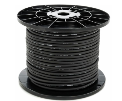 Carretel de fio condutor preto com texto branco em fundo branco