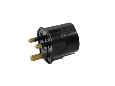 Adaptador de tomada elétrico preto com três pinos metálicos dourados