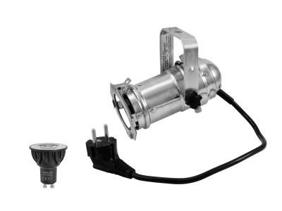 Refletor metálico com suporte e lâmpada LED GU10 preta em fundo branco