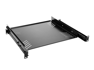 Prateleira metálica preta com suporte e corrediças para rack